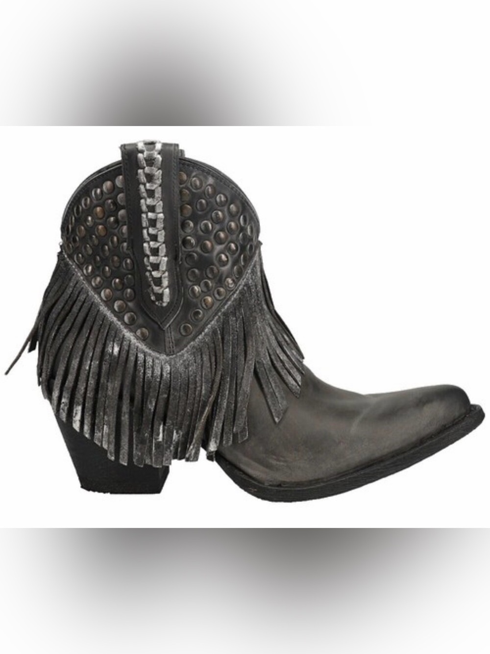 Corral Distressed Gray Studded Fringe Leather Western Ankle Boots Size 8.5 VGUC